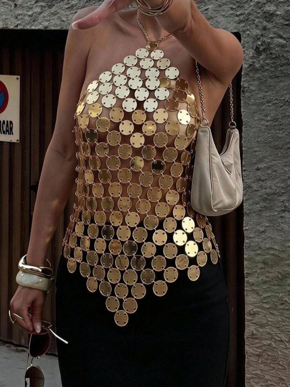 Gold Party Women's Sexy Asymmetric Hem Halter Backless Tank Top